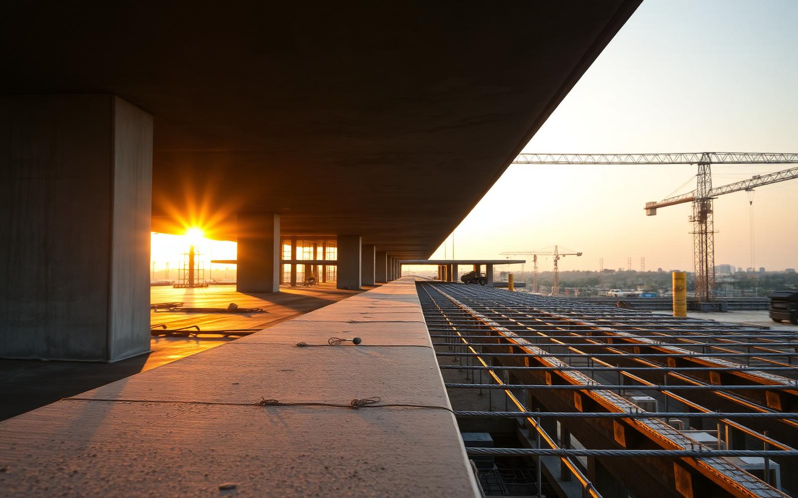 Concrete formwork meeting a steel rebar grid on a Bengaluru construction site at golden hour