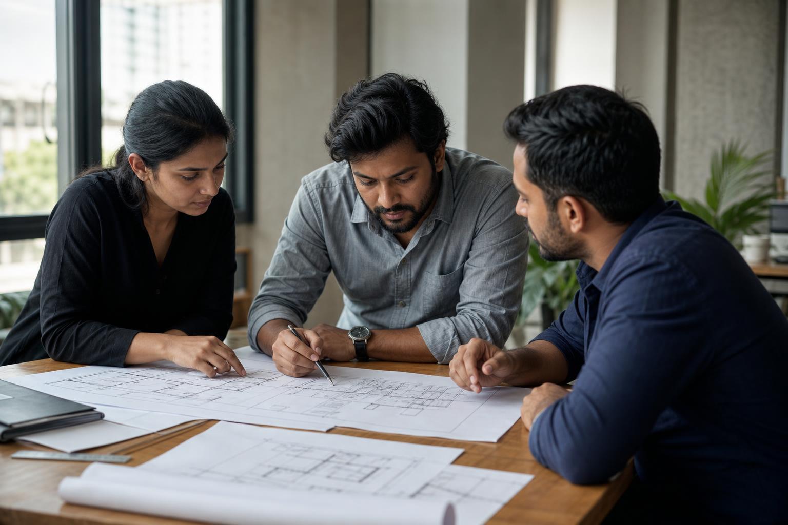 Architects and a civil engineer reviewing floor plans together during a project planning discussion