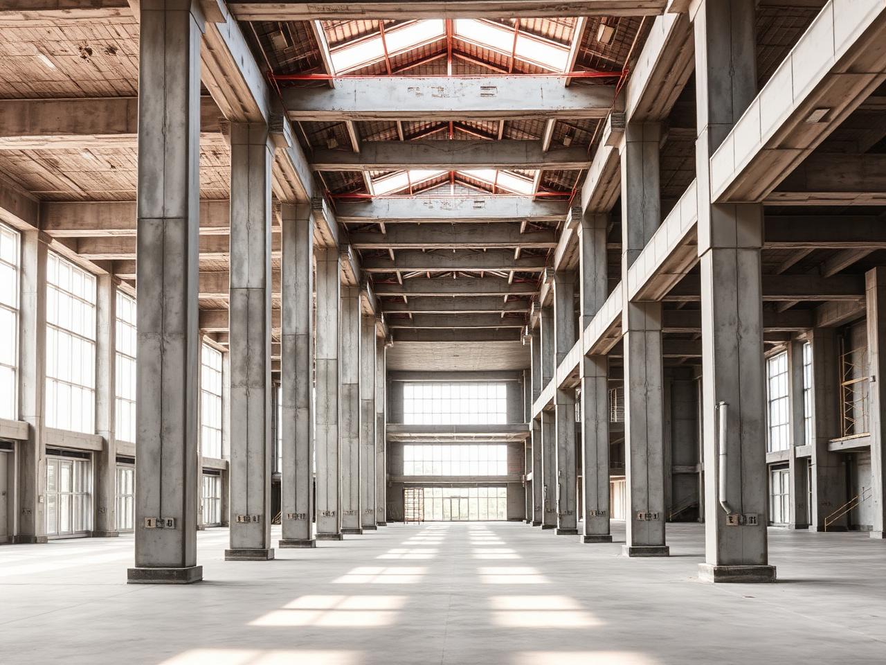 Commercial building shell with structural columns and daylit floor plate