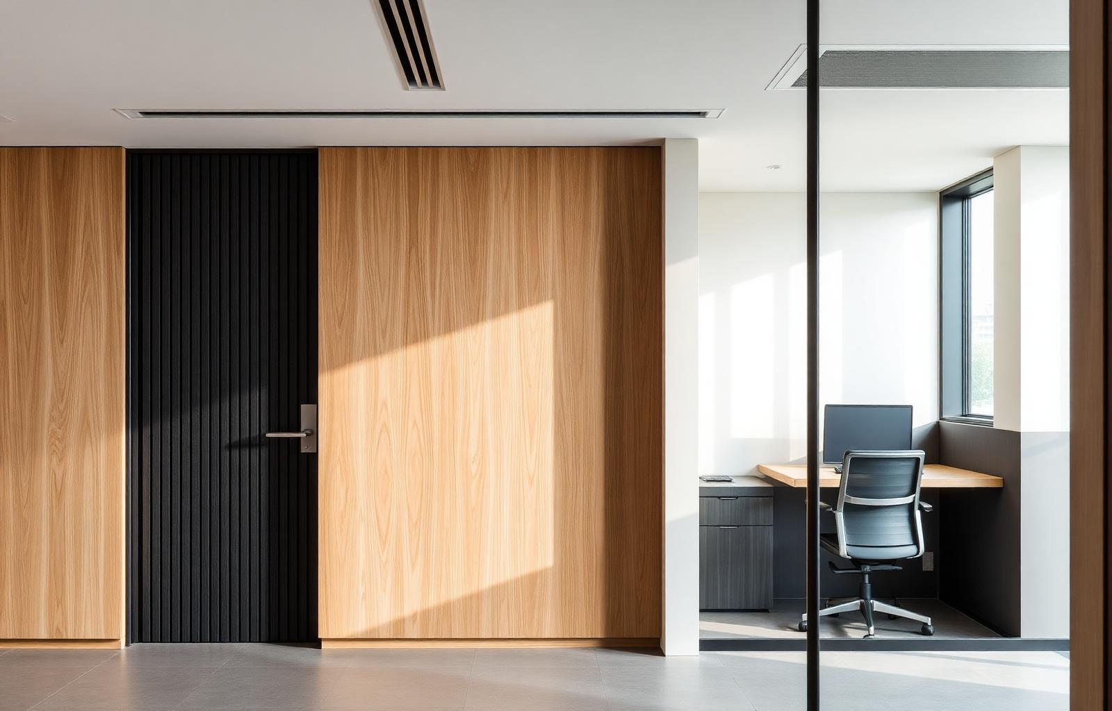 Modern office interior with wood veneer panelling and natural light