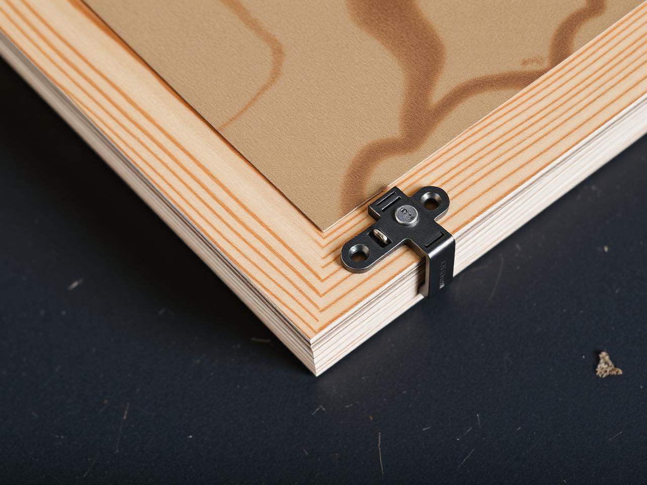 Plywood edge, laminate sample, and hardware fitting on a charcoal workbench