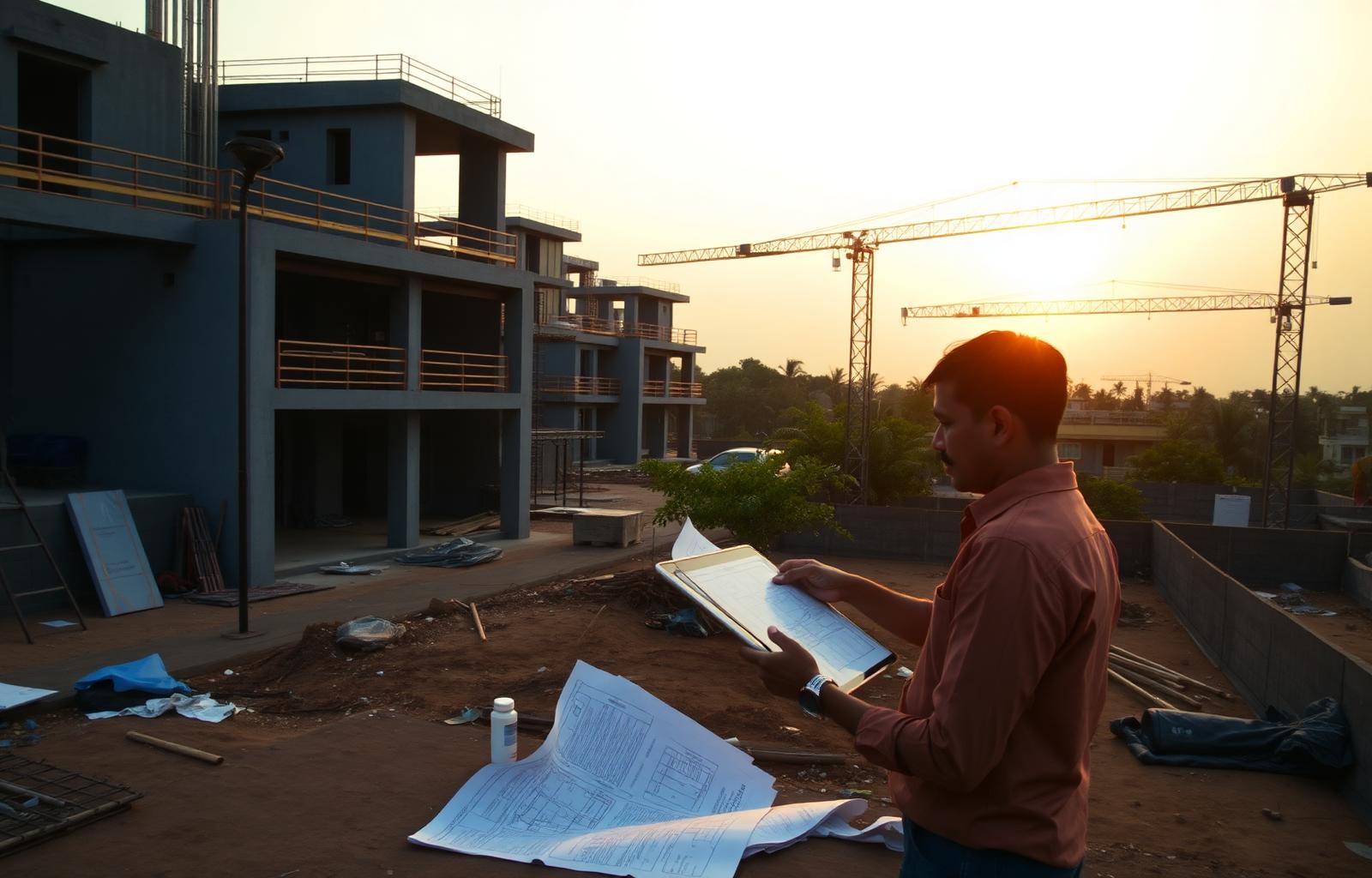 Project manager reviewing drawings on a residential construction site in Bengaluru at sunset