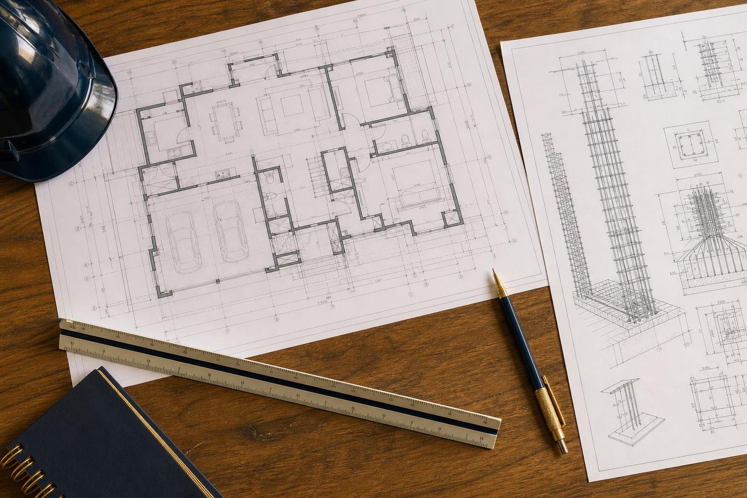 Architectural floor plan, structural rebar drawing, engineer's scale ruler, pencil, notebook, and hardhat on a wooden planning desk